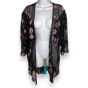 Victoria's Secret Collection Size Small Sheer Floral Leaf Robe Kimono Black Pink